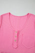 Bright Pink Waffle Textured Button Round Neck A-line Tiered Sleeveless Dress